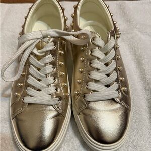 Stuart Weitzman Gold Pearl-Studded Sneakers